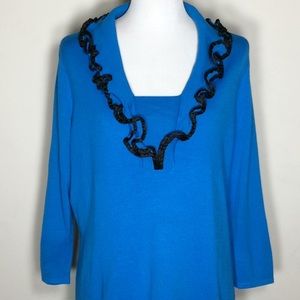 Ruffle Neckline 3/4 Sleeve Rayon Sweater